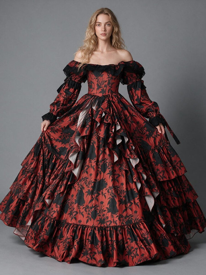 Victorian Off-Shoulder Floral Long Puff Sleeves Princess GownYW2610097