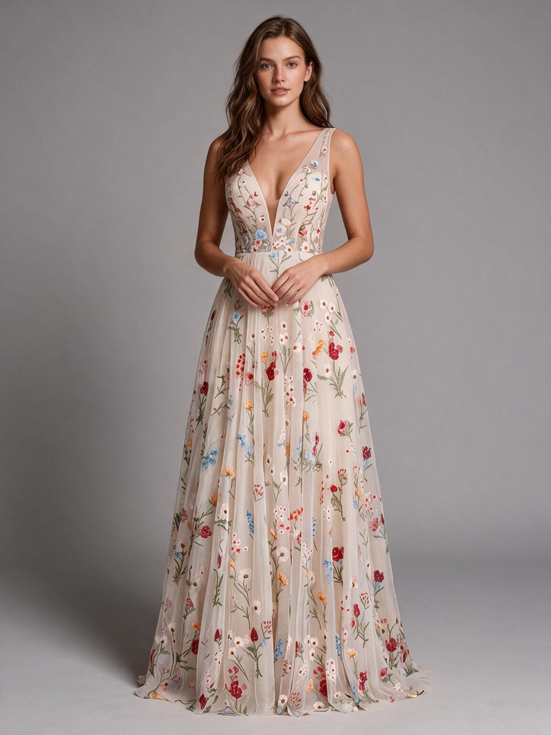 Boho Ivory Deep V-Neck Floral Wedding Dress