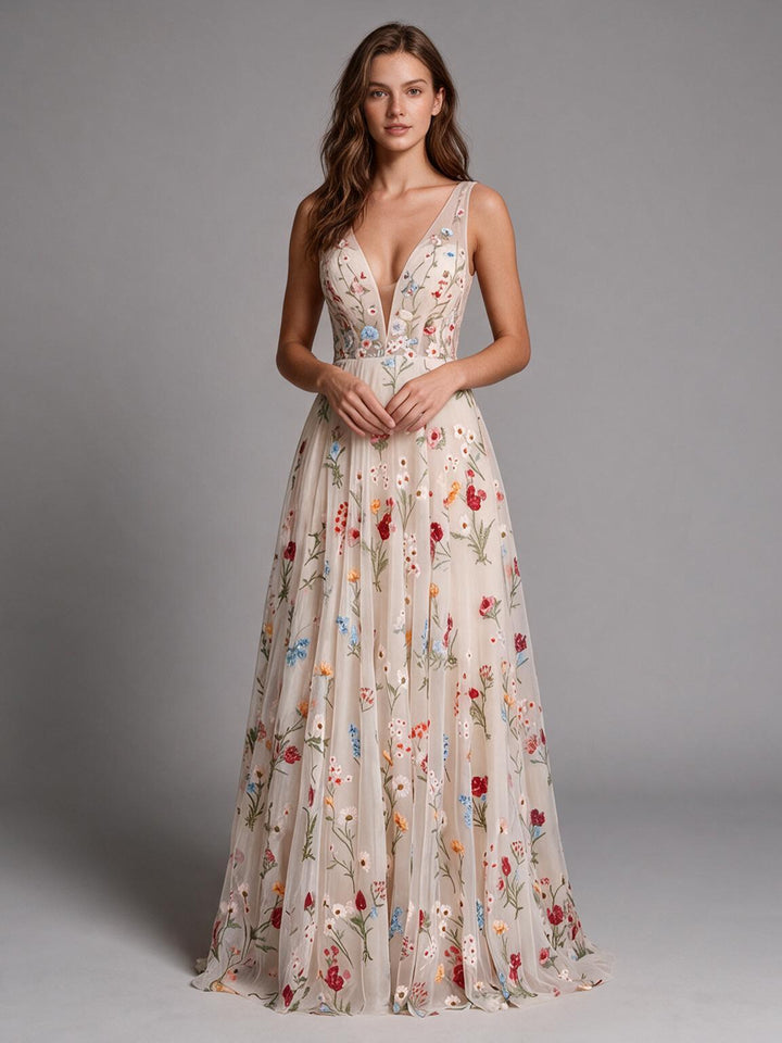 Boho Ivory Deep V-Neck Floral Wedding Dress