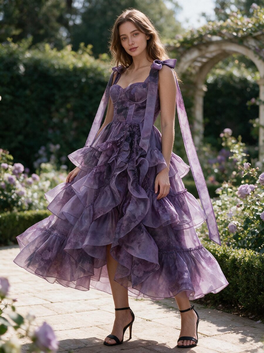 Purple Watercolor Floral Tiered Ruffle Princess Dress YW2610165