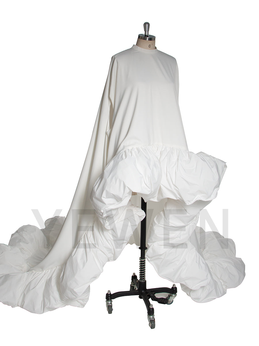 Elegant White Ruched Long Bridal Dress with Train Cape Asymmetrical  Formal Maxi Gown for Wedding Photoshoot YW251021