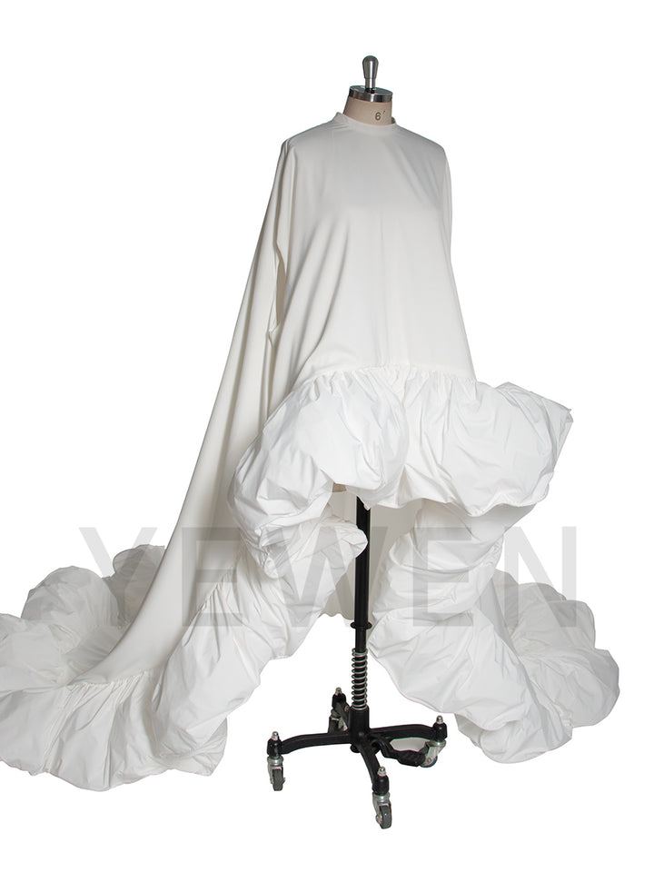 Elegant White Ruched Long Bridal Dress with Train Cape Asymmetrical  Formal Maxi Gown for Wedding Photoshoot YW251021