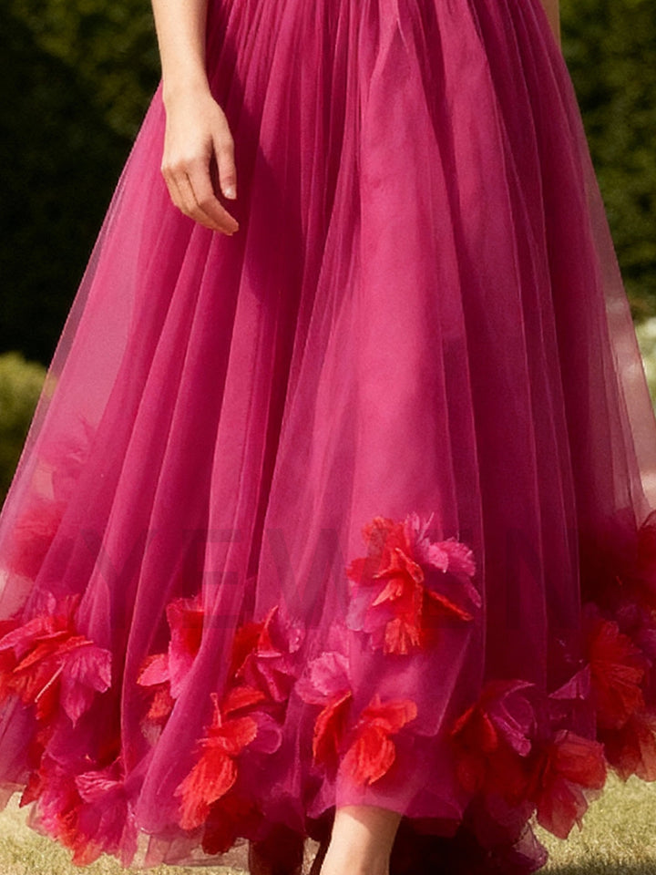 Fuchsia Midi Length Tulle Party Birthday Prom Dress