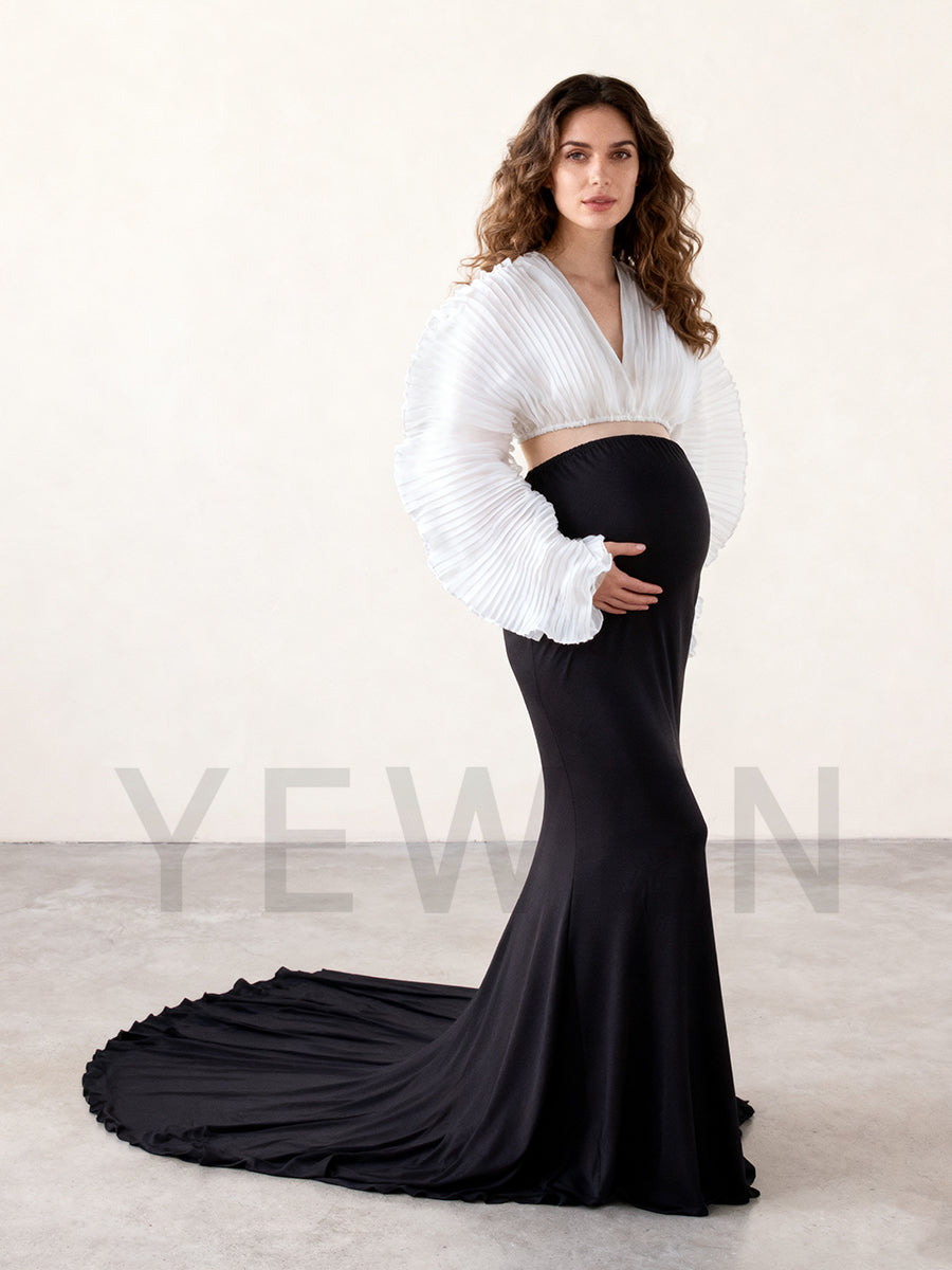 2 Piece Set Pleated Organza Tops with Stretchy Skirt Maternity Dresses for Photoshoot Baby Shower Dresses YW243163