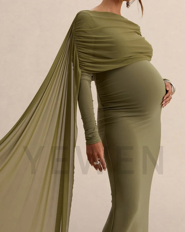 Olive Green Ruched Draped Maternity Baby Shower Gown with Long Cape