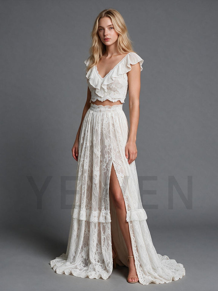 Ivory Two-Piece V-Neck Ruffle Flutter Sleeves Wedding Dress