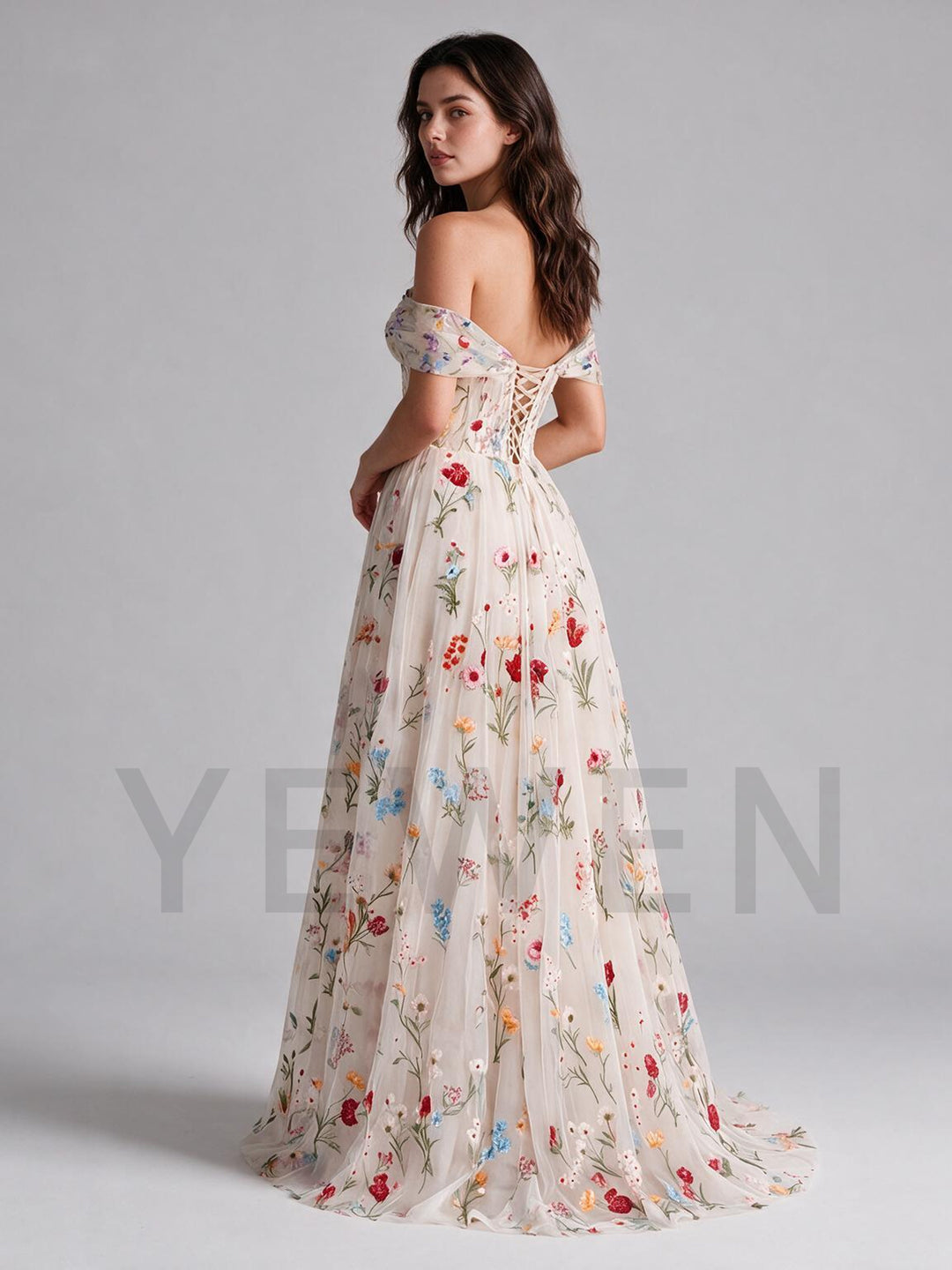 Nude A-Line Off-Shoulder Twist Front Floral Wedding Dress
