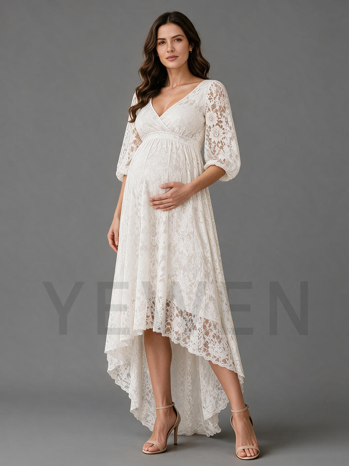 Elegant Ivory Lace High-Low Maternity Dress for Baby Shower