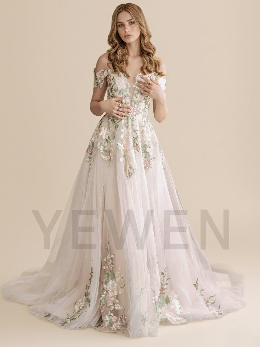 Elegant Aline Colorful Lace Wedding Dress Off the Shoulder Sleeves Flowy Outdoor Boho Wedding Gown