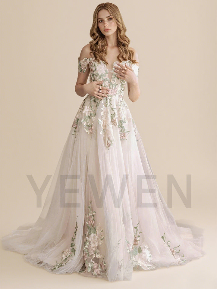 Elegant Aline Colorful Lace Wedding Dress Off the Shoulder Sleeves Flowy Outdoor Boho Wedding Gown