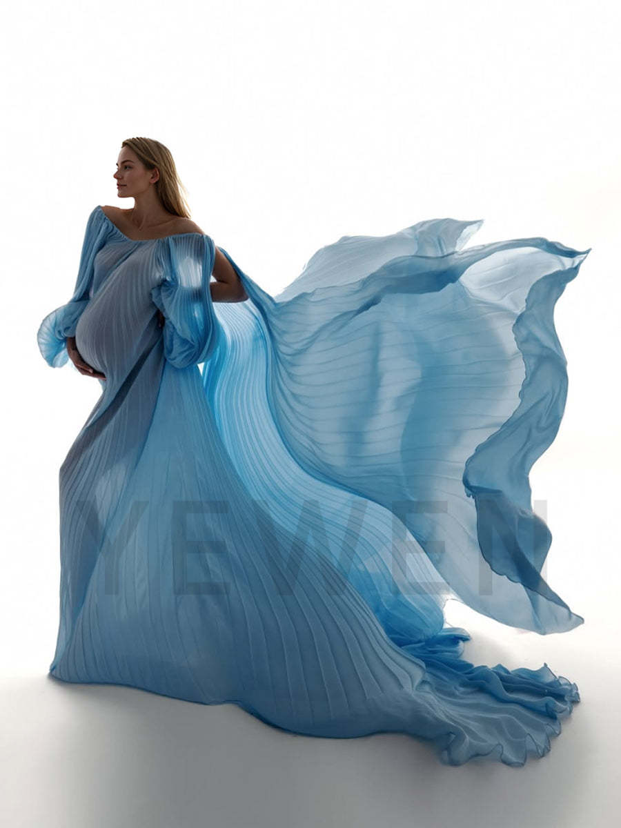 Flowing Pleated Blue Maternity Gown for Photoshoot Elegant Off Shoulder Pregnancy Dress with Long Train YW250071 yewendress Flowing Pleated Blue Maternity Gown for Photoshoot Elegant Off Shoulder Pregnancy Dress with Long Train YW250071 yewendress