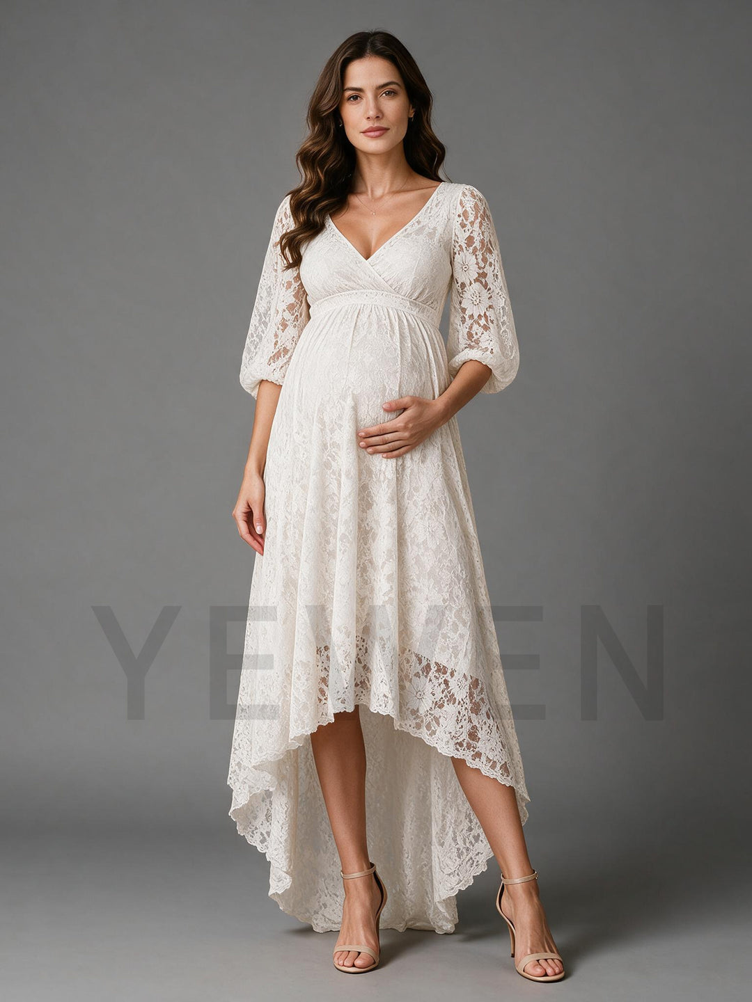Elegant Ivory Lace High-Low Maternity Dress for Baby Shower