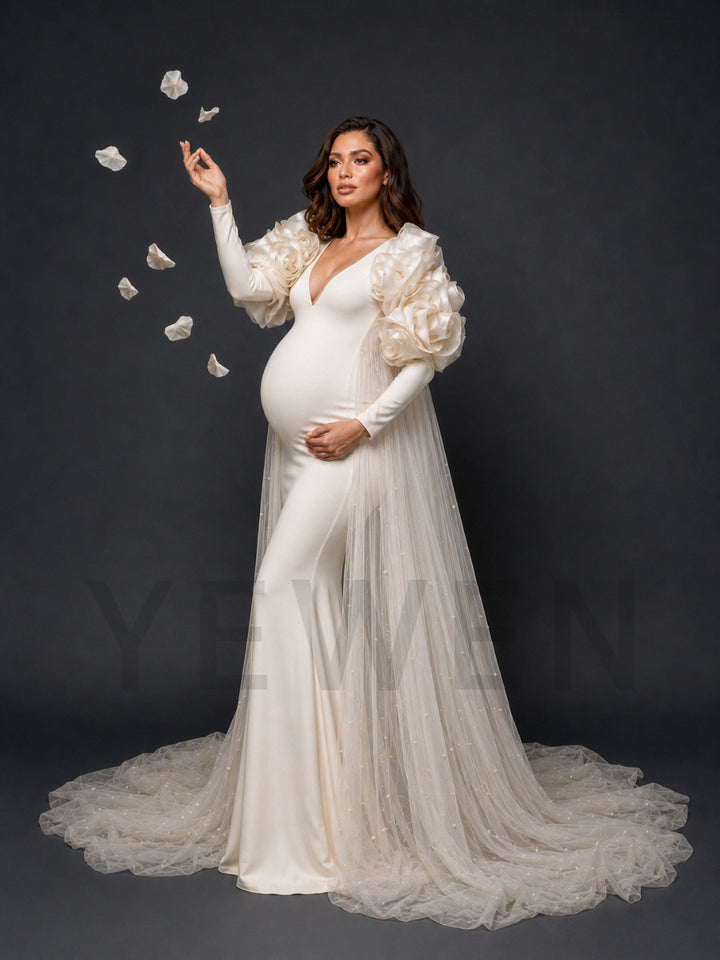 Ivory Deep V-Neck 3D Rose Shoulder Maternity Photoshoot Gown HY269001
