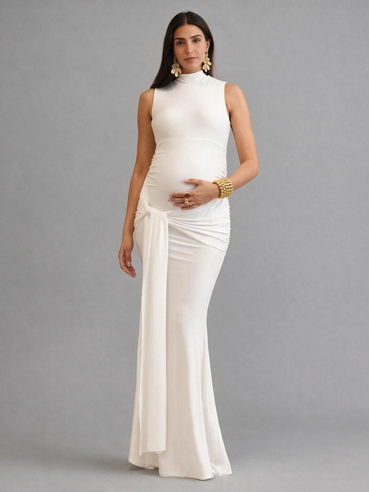 High Neck Fitted Maternity Dress for Baby Shower with Draped Tie Waist