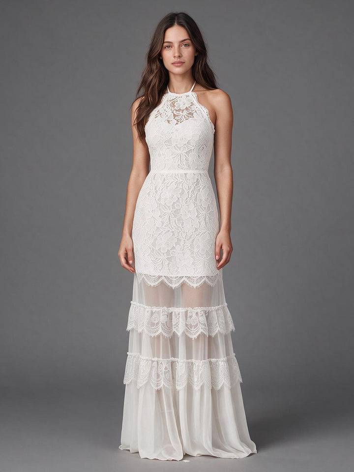 Ivory Halter Lace Boho Wedding Dress with Layered Tiered Skirt