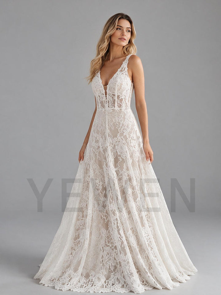 Ivory Deep V-Neck Floral Lace Wedding Dress with Elegant Sheer Train