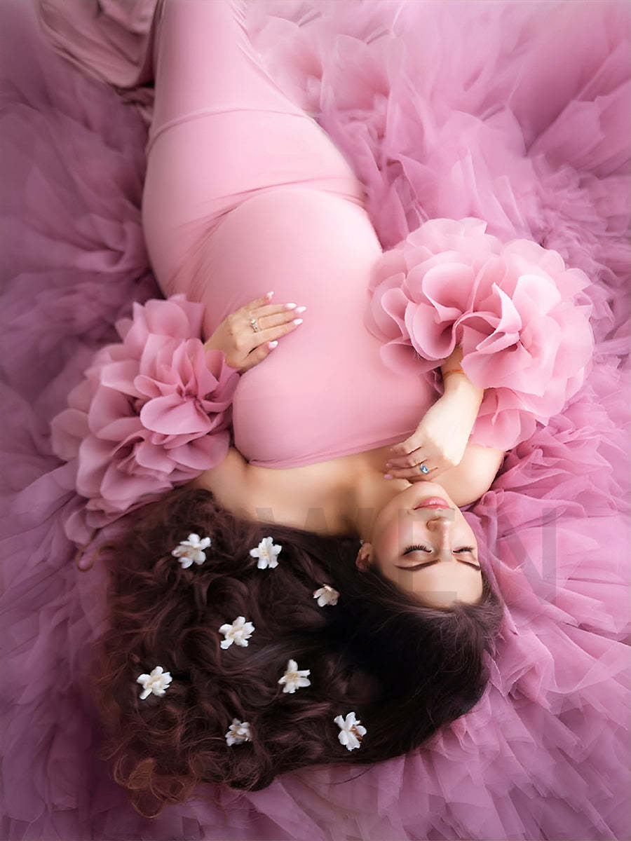 Pink Maternity Dress with Floral Wraps Stretchy Maternity Dress Photoshoot Pregnancy Dress Shoot YW251012