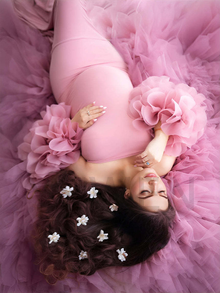 Pink Maternity Dress with Floral Wraps Stretchy Maternity Dress Photoshoot Pregnancy Dress Shoot YW251012