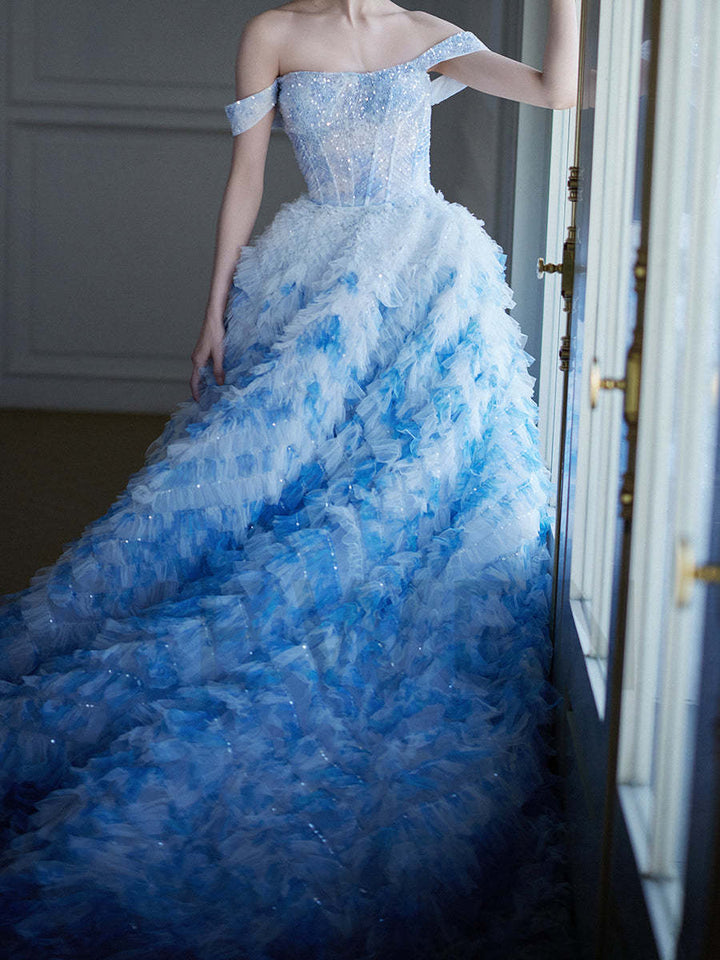 Luxury Off-Shoulder Blue and White Ruffled Ball Gown Elegant Photography Dress