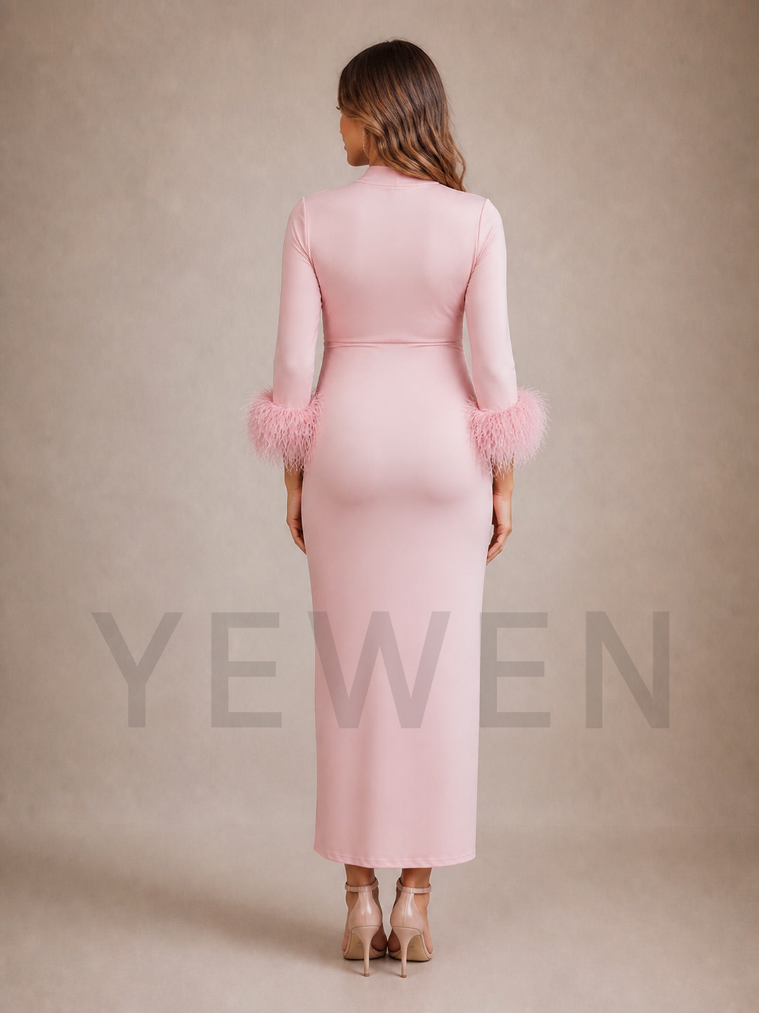 Pink Maternity Baby Shower Dress Mock Neck Wrap Gown with Feather Trim ZX010