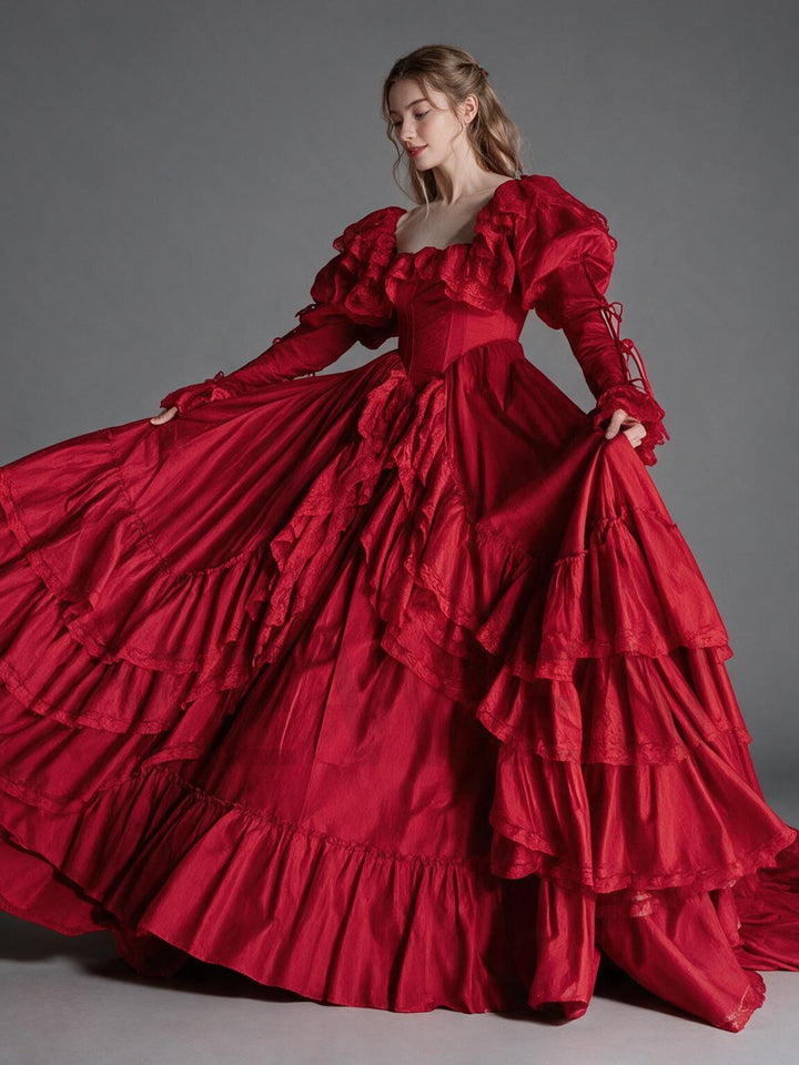 Red Lace Ruffle Off-Shoulder Puff Sleeve Princess Dress YW2609298