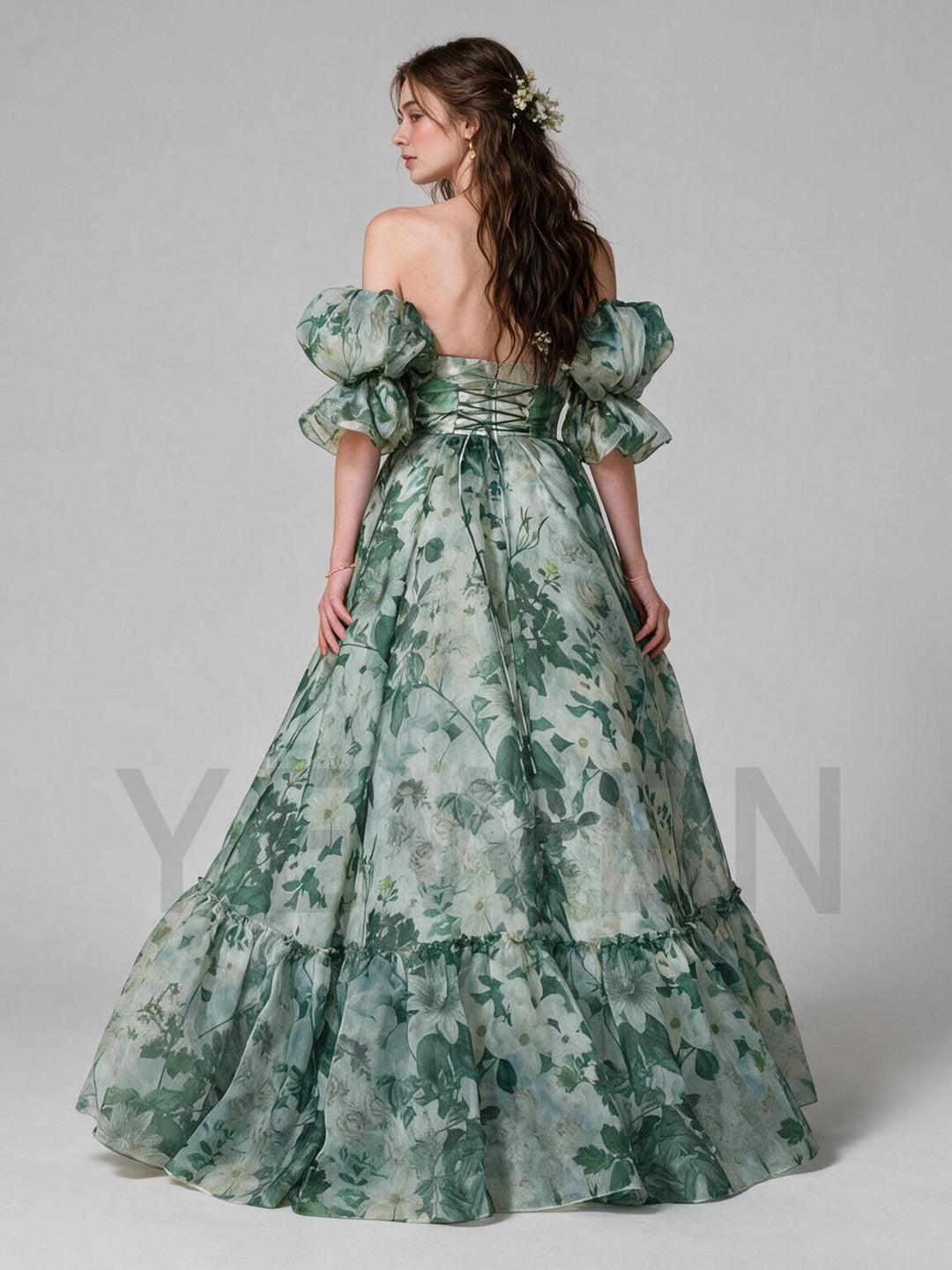 Green Floral Print Off-Shoulder Puff Sleeve Princess Dress YM260902