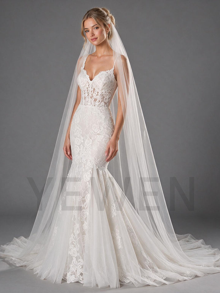 Ivory Spaghetti Strap Mermaid Floral Lace Wedding Dress (without Veil)