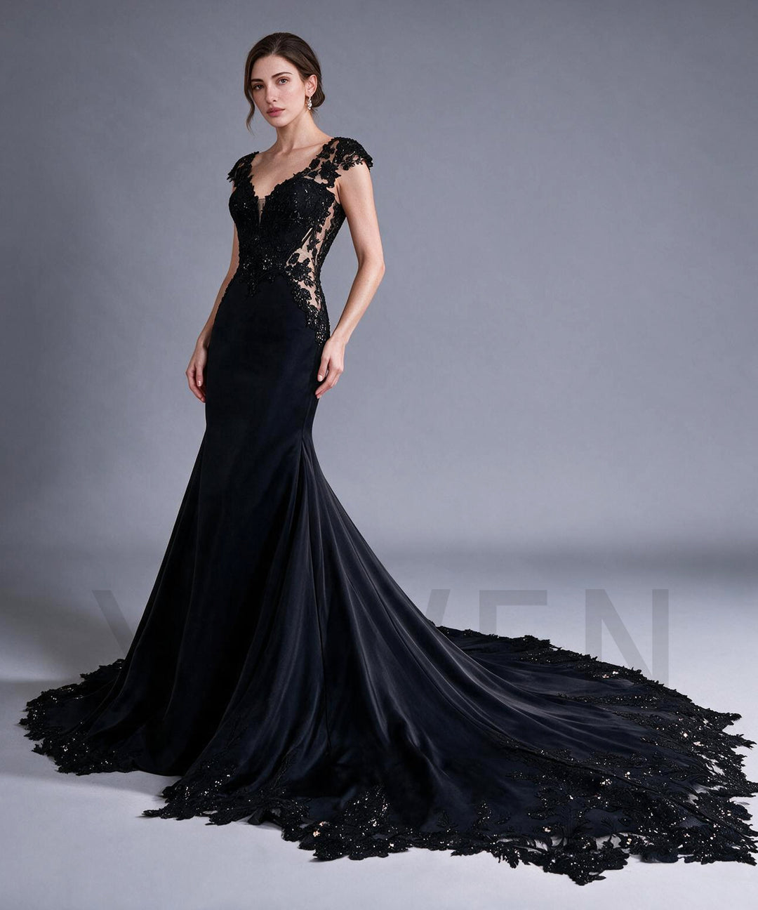 Deep V-Neck Sequin Sheer Lace Fitted Mermaid Evening Gown YX26104