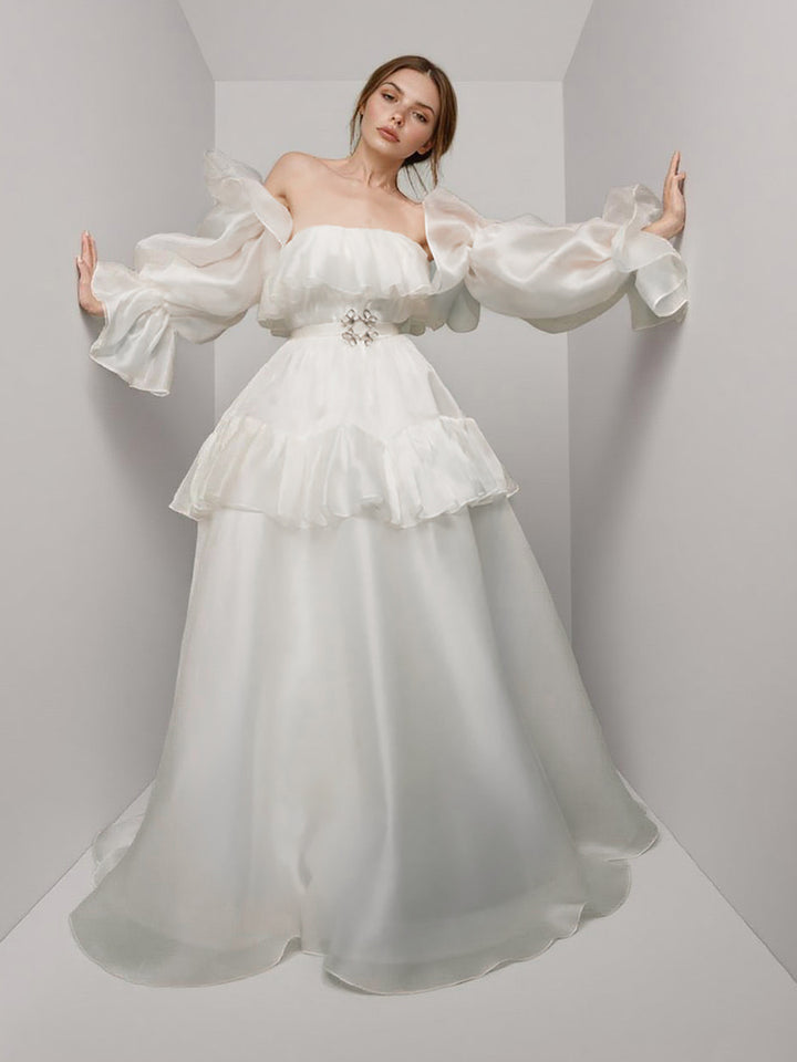 Fairy Organza Wedding Dress  A Line Wedding Photo Shoot Long Sleeves Formal Party Dresses
