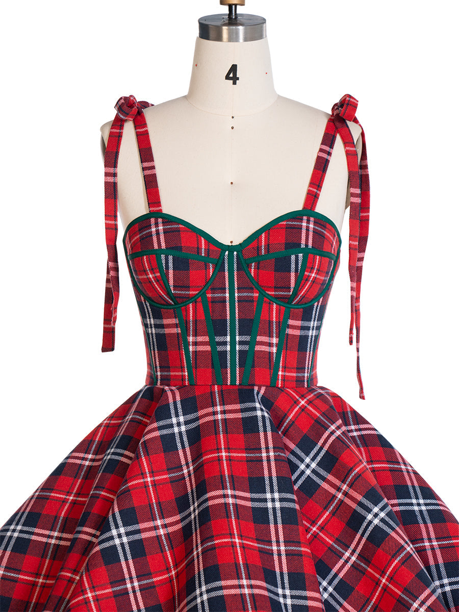 Vintage Christmas Plaid Dress A-Line Knee Length Party Tartan Dresses YW243106