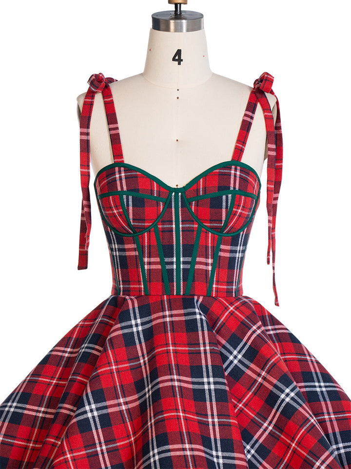 Vintage Christmas Plaid Dress A-Line Knee Length Party Tartan Dresses YW243106
