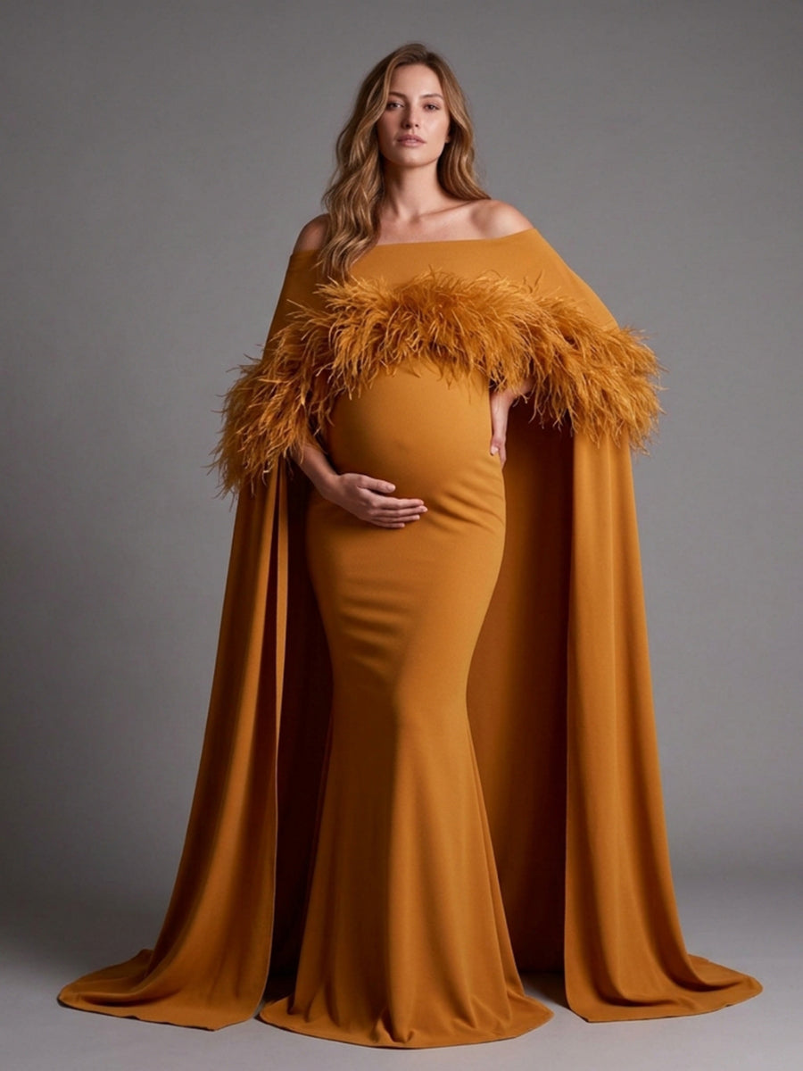 Off-Shoulder Feather Cape Pregnancy Dress for Baby Shower YW2609232