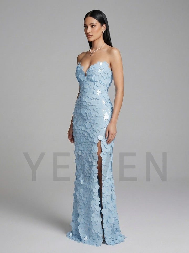 High Slit Fitted Paillette Sequin Strapless Prom Dress YD261025