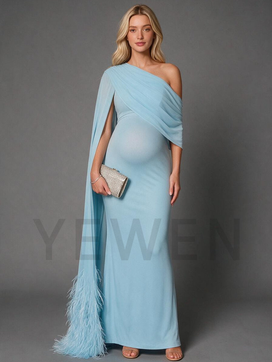 Blue Draped Cape Sleeve Maternity Baby Shower Dress With Feather Hem YD260834
