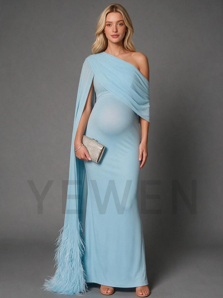 Blue Draped Cape Sleeve Maternity Baby Shower Dress With Feather Hem YD260834