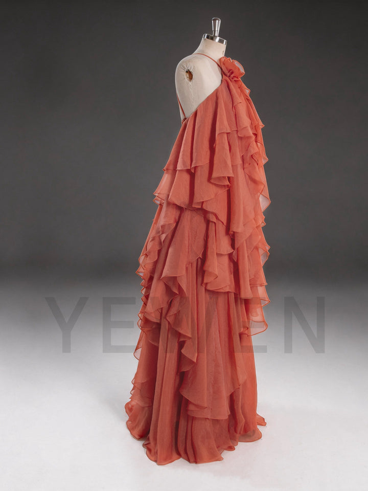 Solid Spliced Ruffles Party Beach Dress Backless Slim Maxi Dress
