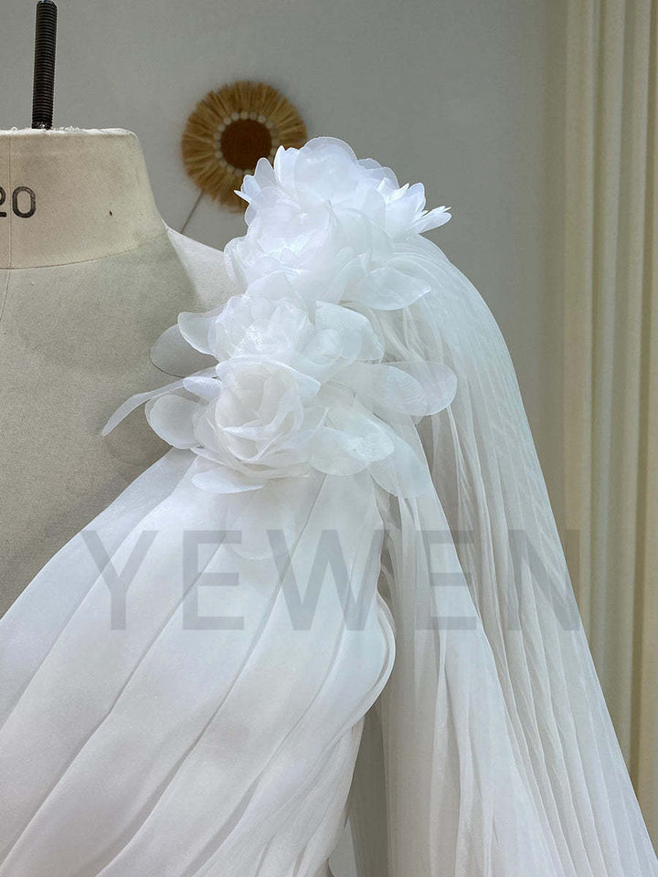 Long Sleeves V Neck Wedding Bridesmaid Dress Soft Organza Pleated Dress YW243114