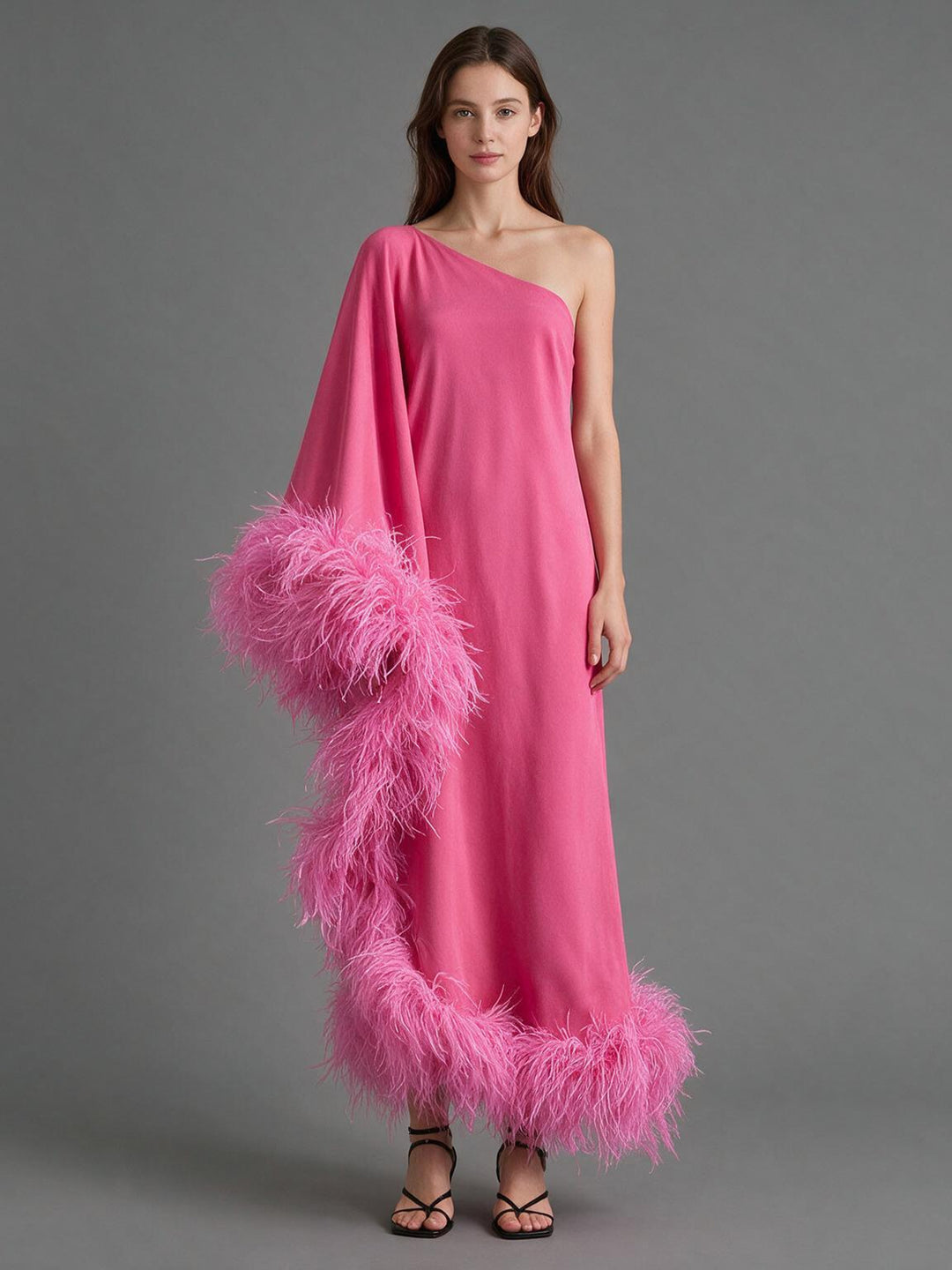 One-Shoulder Poncho Ostrich Feather Satin Evening Gown YW2610065