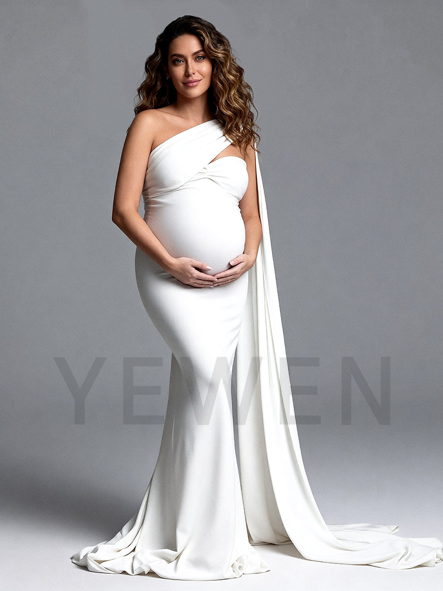 white one shoulder maternity dress One Shoulder Maternity Wedding Dress with Draped Cape and Sleek Sheath Skirt