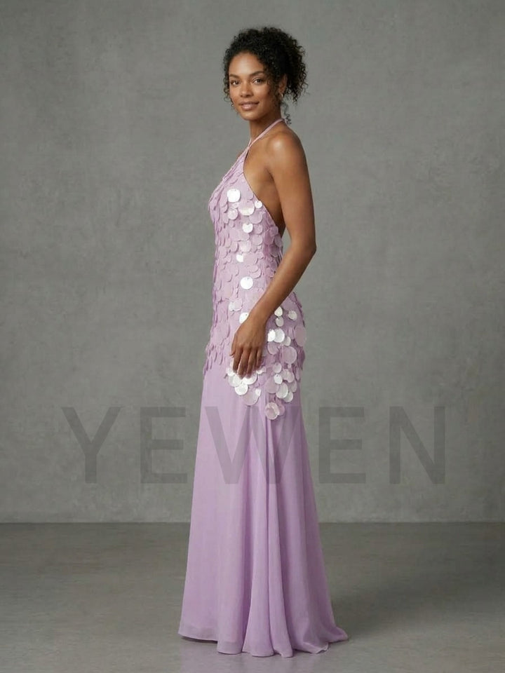 Halter Sequin Evening Dress with Flowy Long Skirt YD261003