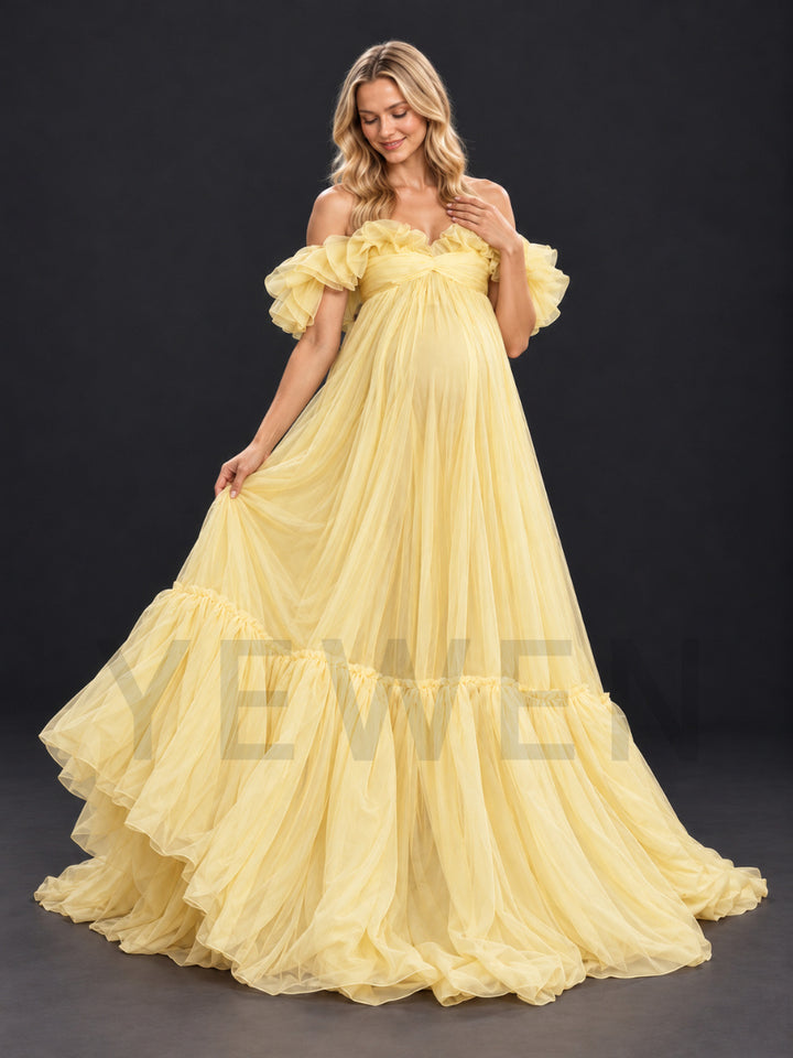 Off-Shoulder Tulle Tiered Ruffle Maternity Photoshoot Gown HA261004
