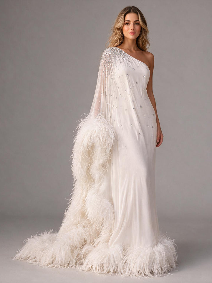 Luxurious One Shoulder Feather Photoshoot Gown Crystal Embellished Bridal Cape Maxi Dress
