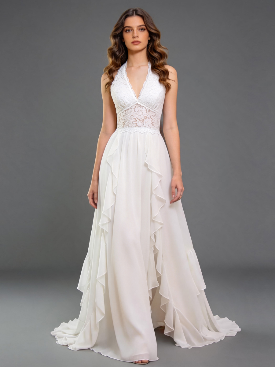 Ivory Halter Chiffon Wedding Dress with Lace Bodice and Ruffled Maxi Skirt