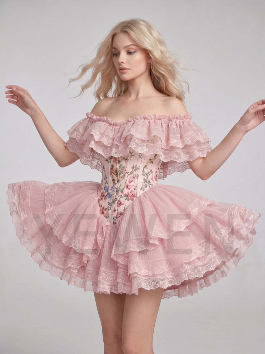 Pink Floral Off-Shoulder Layered Ruffle Mini Princess Dress WT268012