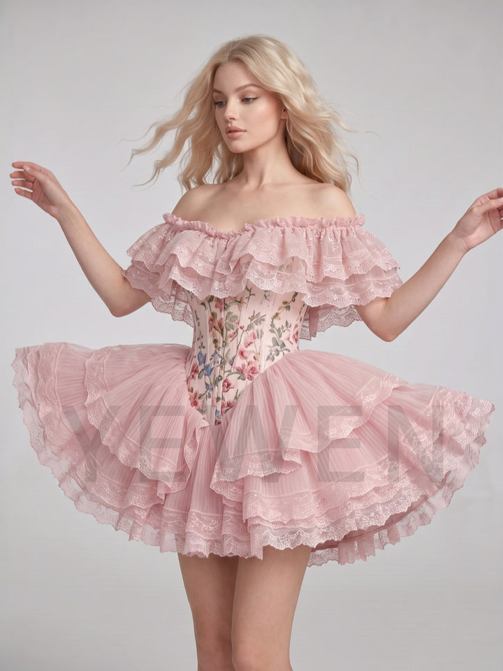 Pink Floral Off-Shoulder Layered Ruffle Mini Princess Dress WT268012