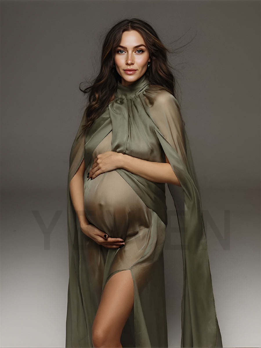 Sheer Maternity Cape Gown Olive Green Maternity Photoshoot Dress YW250037