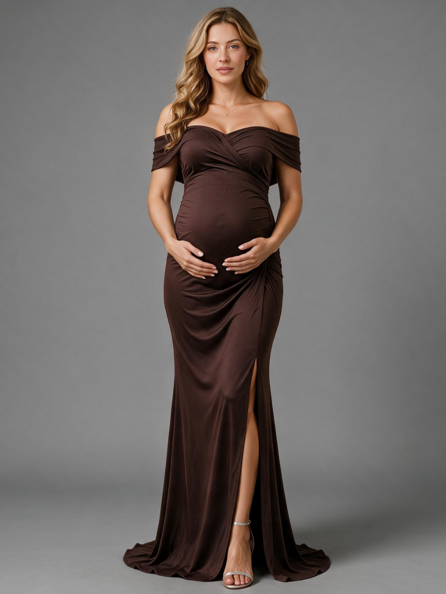 Brown Off-Shoulder Slit Maternity Dress For Baby Shower