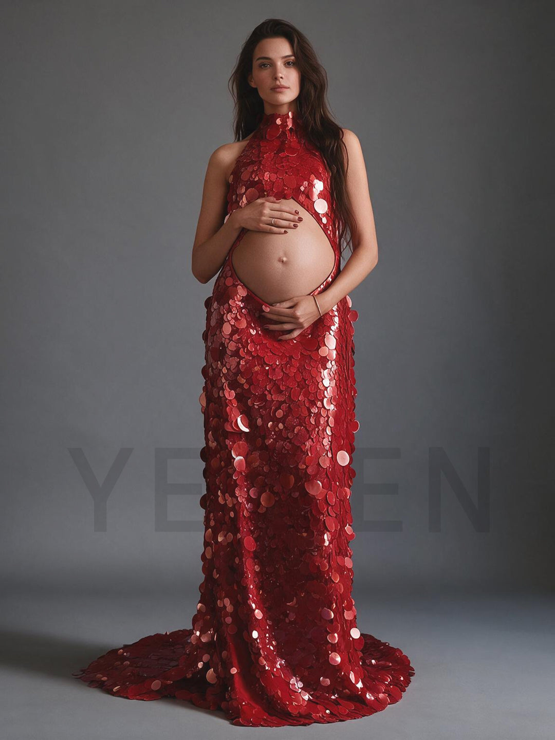 Halter Cutout Belly Sequin Maternity Baby Shower Dress YW2609233