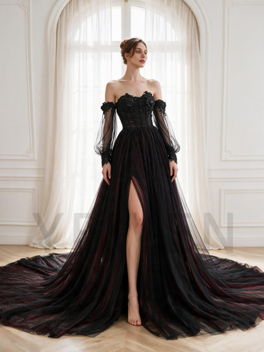 Black Burgundy Off-Shoulder Long Sleeve Tulle Evening Gown YX26107