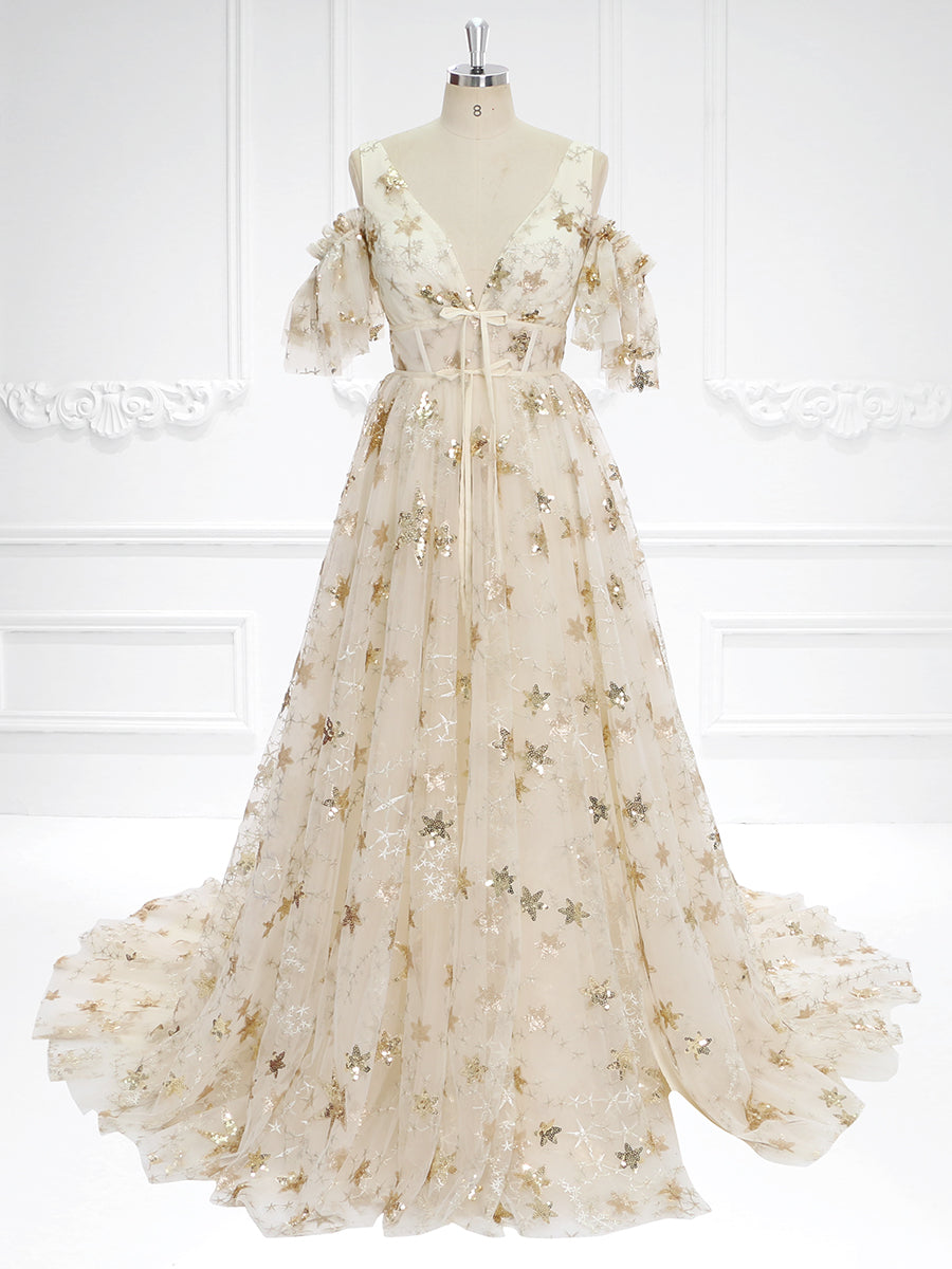 V-Neck Sequin Star Champagne Color Wedding Dress Elegant Ladies Beach Ball Dress 60cm Train YW240073 yewendress V-Neck Sequin Star Champagne Color Wedding Dress Elegant Ladies Beach Ball Dress 60cm Train YW240073 yewendress